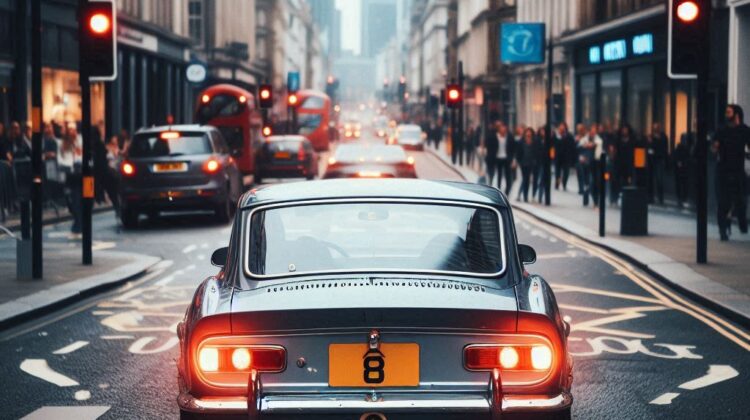 a car with a number plate 8 on it in a busy London street